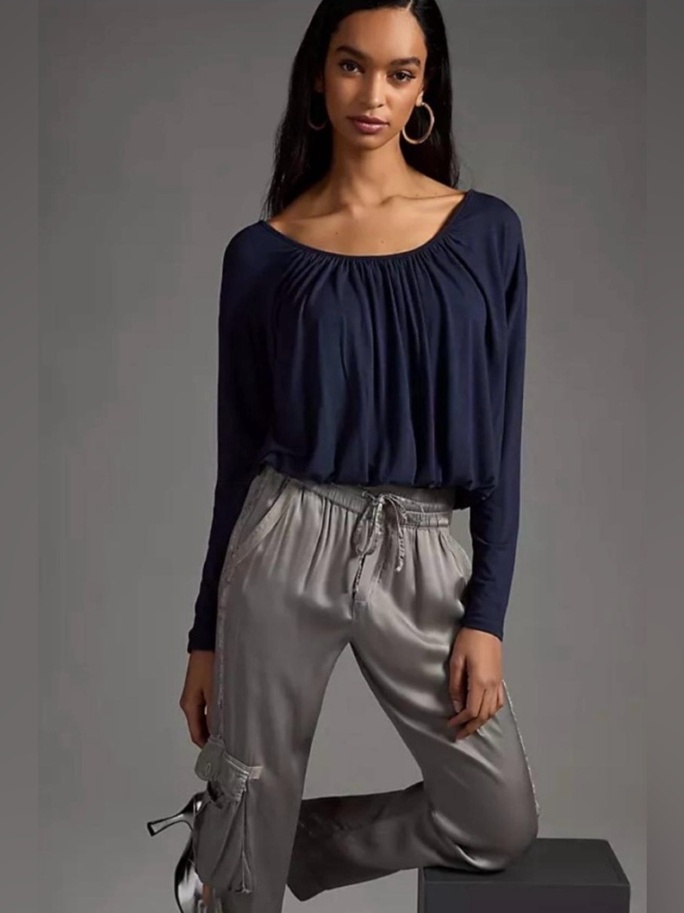 Anthropologie Maeve Navy Blue Bubble Hem Long Sleeve Top XS